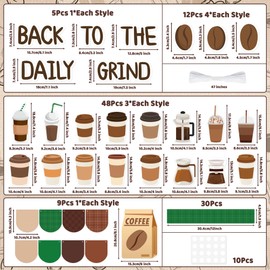 CPicdn 115Pcs Back to School Bulletin Board Classroom Decoration, Back to The Daily Grind Cutouts Border Trims Coffee Name Tags First Day of School Party Supplies Classroom Chalkboard Wall Door Decor