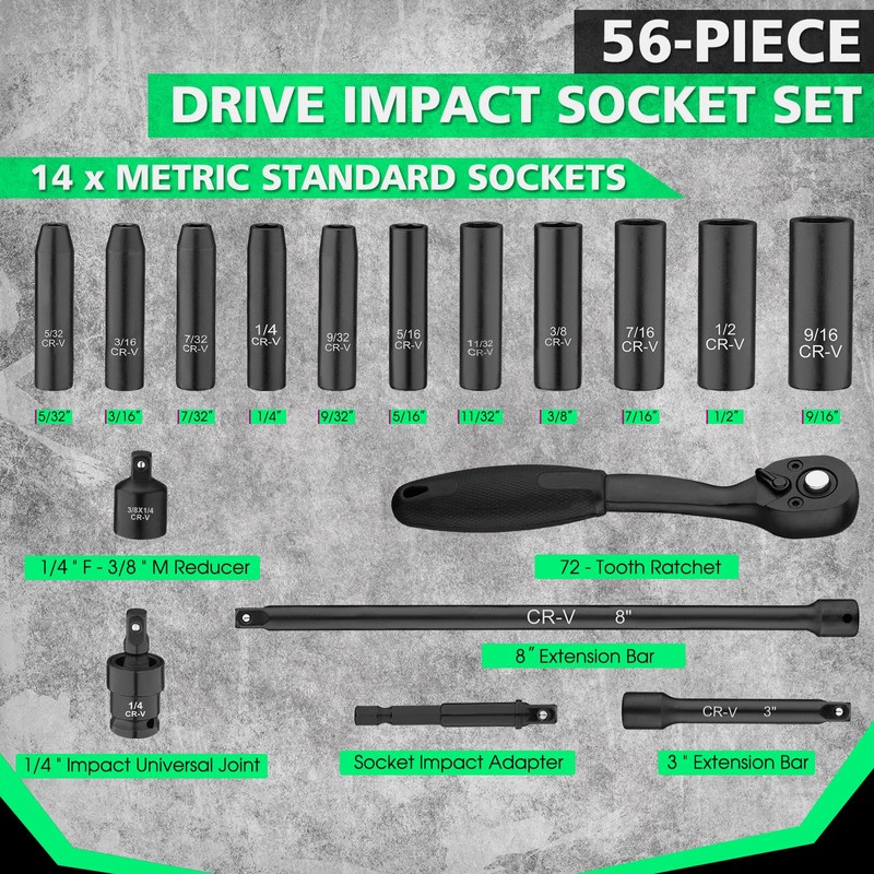 1/4" Drive Impact 56-Piece Socket Set, Standard SAE (5/32 to