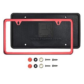 Silicone Back Guard Two Holes Slim License Plate Holder Red Chrome Mirror License Plate Frame T304 Stainless Steel + Metal Screw Caps