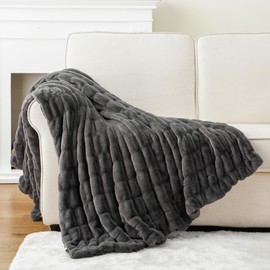 BATTILO HOME Luxury Grey Faux Fur Throw Blanket, Double Side Ruched Rabbit Fur Blanket for Couch, Bed, Cozy Soft Warm Blanket, 60x80 Inches