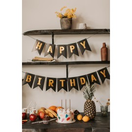 SARTHAM Happy Birthday Banner, Happy Birthday Bunting Banner with Shiny Gold Letters Black & Gold Birthday Party Decorations for Any Ages's Party Supplies with 13 Cards, a Ribbon (Black Letters)