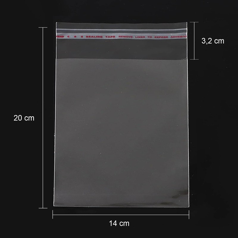 RUBY Pack of 200 Clear Plastic Cellophane Bags with Self