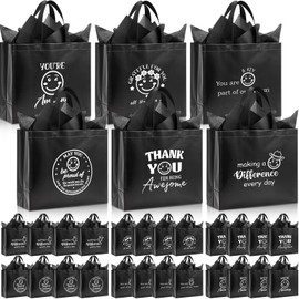 Sunnymove 24 Pcs Thank You Gift Bag with Tissue Paper Bulk, 13 x 11 x 4.7 Inch Reusable Employee Appreciation Gift Bags Non-woven with Handle for Teacher Staff Volunteer Coworker (Black)