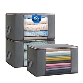 Boic 3 Pack Clothes Storage Bags, 60L Foldable Storage Bags With Zips, Clothes Storage Boxes With Lids, Large StorageBags Moving Boxes Organiser For Clothing Bedding Sweater T-Shirt (Grey)