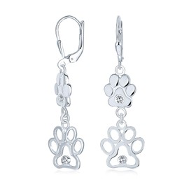 Open Paw Print Animal Lover Cubic Zirconia Dog Pet Dangling Drop Lever Back CZ Earrings For Women 925 Sterling Silver