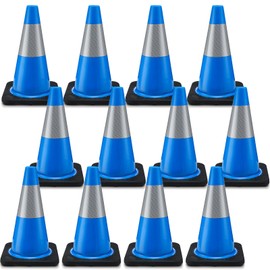 Copkim 12 Pack Traffic Safety Cones Plastic PVC Blue Traffic Cones with Black Base and Reflective Collars for Street Hazards, Training, Road Construction, Parking Lot (18 Inch)