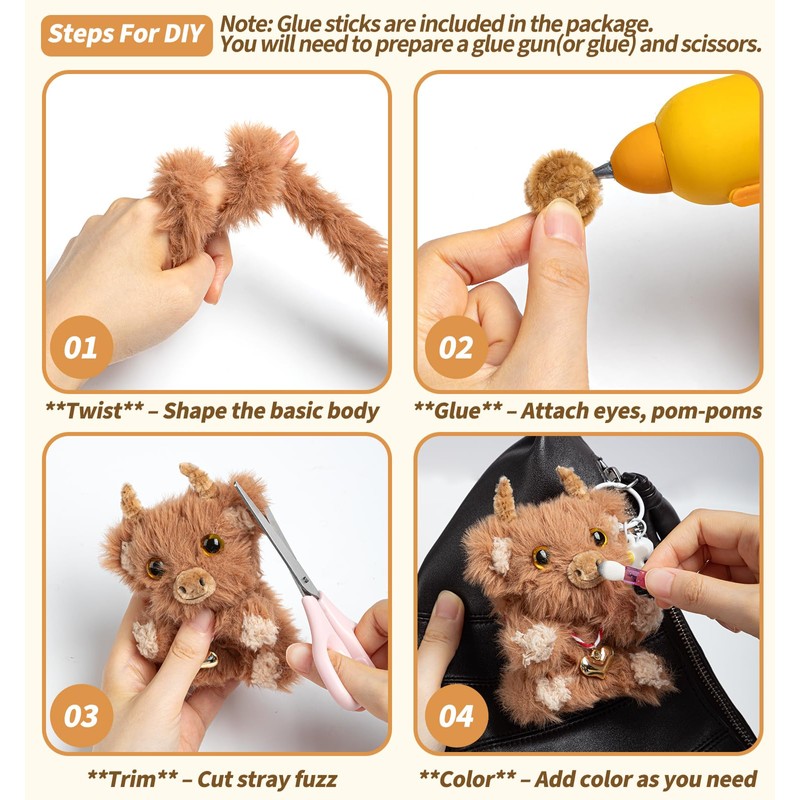 Fluffy Pipe Cleaner Craft Kits, 4-Pack DIY Plush Animal Keychain