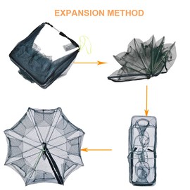 SPYMINNPOO Bait Fish Trap, Foldable Fish Trap Fishing Net Cast Net Trap Crayfish Crab Cage Steel Wire Holder for Fish Shrimp (8 Holes)