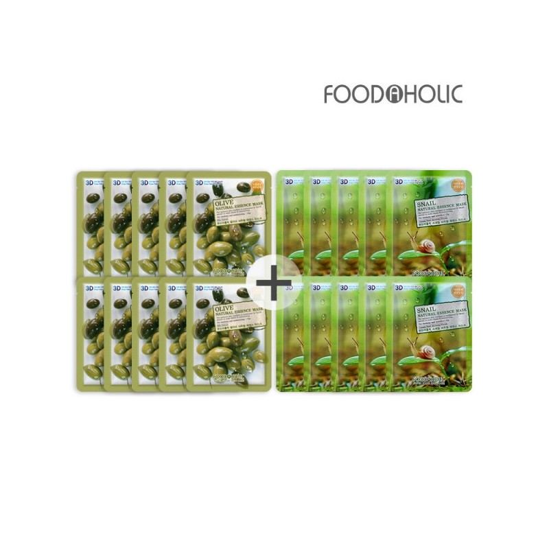 (20 sheets/Olive + Snail) Food 3D Natural Essence Mask Pack