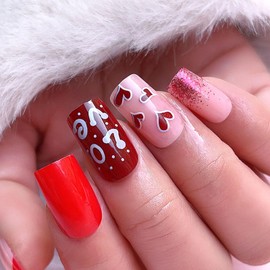 Press on Nails Square Medium Nails Press ons with Heart Glitter Design Love Glue on Nails Red Full Cover False Nails Glossy Acrylic Fake Nails Stick on Nails for Women 24Pcs