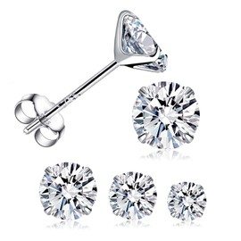 925 Sterling Silver Round Stud Earring Set, White Gold Plated Hypoallergenic Cubic Zirconia Earrings Pack for Women and Men (3 Pairs Silver Earring set(3~5mm))