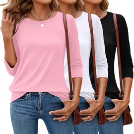 Ficerd 3 Pack 3/4 Sleeve Tops for Women Round Neck Dressy Basics Tees Casual Trendy Loose Fit T Shirts(Black, Light Pink, White,Medium)