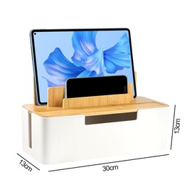 Cable Box, Cable Organiser with Lid, Storage Box Made of Sustainable Bamboo and ABS, Hide Power Strips, for Hiding and Covering, Cables, Cable Organiser Box (White)