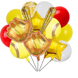 Buosha 16Pcs Softball Party Balloons Decorations: Softball Glove & Bat Balloons, Latex Confetti, Gold Star, Perfect for Sports Party, Baby Shower, Kids