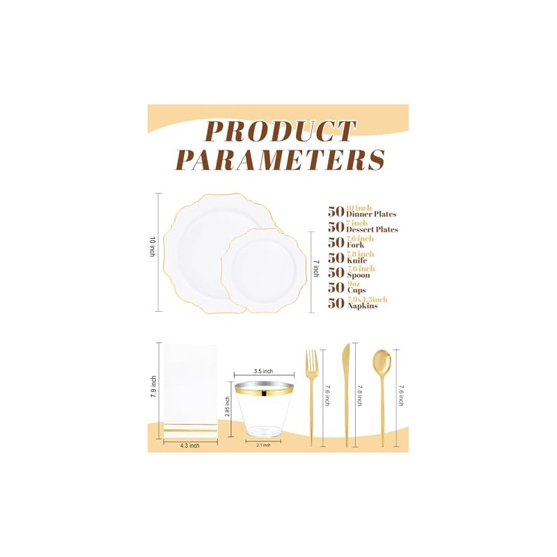 WDF 350PCS White and Gold Plastic Plates - Gold Plates