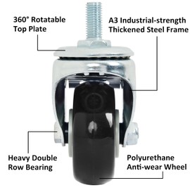 Finnhomy Swivel Caster Wheels 3 Inch Threaded Stem Casters Set of 4 Heavy Duty 1/2"-13 x 1 with Brake Polyurethane Industrial Locking Castors Wheels for Cart/Furniture 2200 Lb Smooth Casters, Black