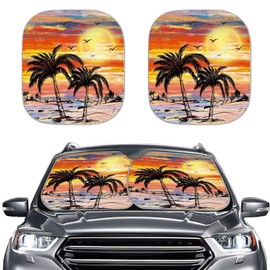 COEQINE Art Ocean Theme Palme Tress Theme Sun Shade, 2 Pieces Windshield Sun Shade with Waterproof, Foldable Keep Vehicle Cool Protector Your Car,Tropical Island Sunset Theme