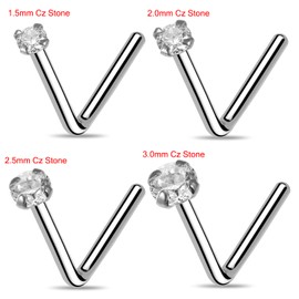 AZARIO LONDON 3.0mm Round Cz Stone 9K White Gold 18 Gauge L Shape Nose Stud- Tiny Nose Ring- L Shaped Nose Ring- 9K Gold Nose Stud- Dainty Nose Stud- Thin Nose Ring