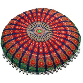CRAFT KALA Mandala Floor Pillow Cushion Cover Seating Throw Cover Hippie Decorative Bohemian Ottoman Poufs Pom Pom Pillow Cases Boho Indian Cotton Living Room Yoga Home Décor (24" Round, Multi Mirchi)
