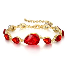 Clearine Wedding Bridal Crystal Bracelet for Women Multi Teardrop Rhinestone Link Bracelet Ruby Color Gold-Tone