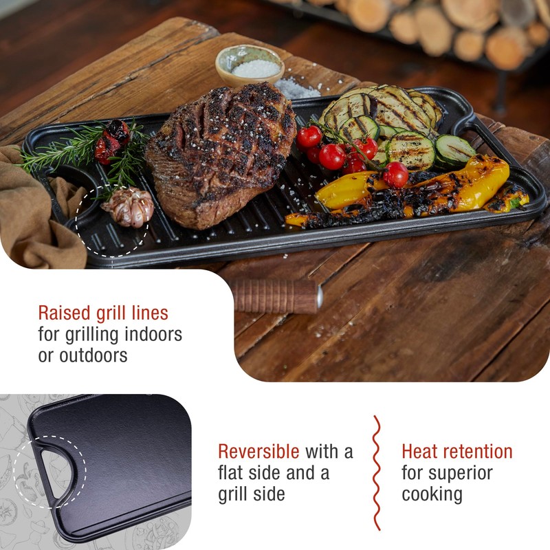 Victoria Rectangular Cast Iron Griddle. Double Burner Griddle, Reversible Griddle