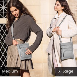 TOVOSO Crossbody Bag for Women, Genuine Leather Multi-Pocket Purse with Adjustable Strap, RFID Protection, Built-In Wallet, X-Large, Grey