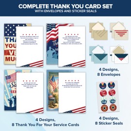 Decorably 8 Pack Thank You for Your Service Cards for Veterans with Envelopes & Stickers - 4 Designs Printed Message Inside Patriotic Cards with Envelopes, 5x7in Veterans Day Cards