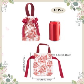 NBEADS 10 Pcs Floral Gift Bags with Handles, Flower Drawstring Bags Tea Party Favor Bags Canvas Small Candy Bag for Wedding Birthday Bridal Shower Tea Party, FireBrick, 17.5x13.5cm