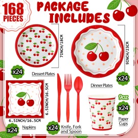 Zhehao 168 Pcs Cherry Fruit Birthday Party Decoration Fruit Party Tableware Set for 24 Guests Cherry Paper Plates and Napkins Cup Knife Fork and Spoon for Birthday Baby Shower Supplies