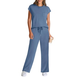 WIHOLL 2 Piece Sets for Women Summer 2025 Lounge Sets Country Concert Outfits Business Casual Matching Sets Women Clothing Wide Leg Pants Pajama Sets Conjuntos De 2 Piezas Para Mujer Blue M
