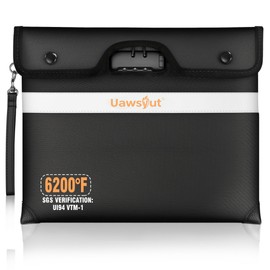 6200℉ Fireproof Document Bag with Lock, Portable Money Bag with Zipper Closure, Water Resistant Envelope with Reflective Strip for A4 Letter, Tablet, Valuables, Cash and Passport (14.3"x11.2", Black)