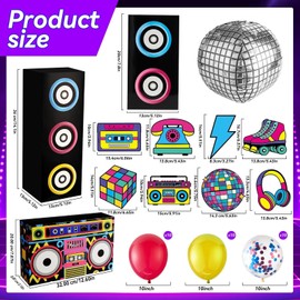 45 Pcs 80s 90s Party Decor Hip Hop Set Large Paper Boombox Boxes Novelty Treat Boxes Boom Cassette Disco Ball Foil Balloons for Retro 1980s 1990s Music Theme Birthday Neon Disco Music Party Supplies