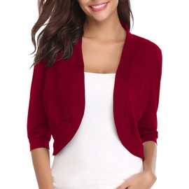 iClosam Women 3/4 Sleeve Cropped Cardigans Open Front Bolero Shrug Knit Sweater Jacket (Large, Wine Red)