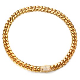 JovJewelry Mens Heavy Miami Cuban Link Chain Necklace Stainless Steel 18K Gold Plated Hip Hop Jewelry For Men Women Wide 6mm/10mm/14mm with Bling CZ Diamond buckle Necklace or Bracelet (16inch,14mm)