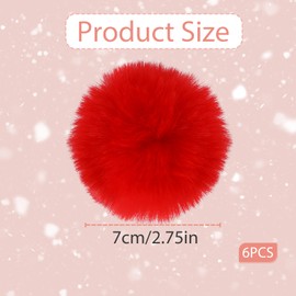 6 Pcs Red Pom Poms Faux Fur Pom Pom Balls Round Fluffy Pompoms for Crafts with Tiny Cord for Hat Shoes Hair Pins Earrings Charm Christmas Valentine's Day Decorations Wedding Chinese New Year Decor