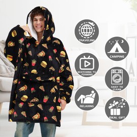 Mewkou Wearable Blanket Hoodie for Adult,Oversized Sherpa Fleece Blanket Hoodie for Women Men,Hamburger Pizza
