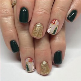 Christmas Press on Nails Short Square Fake Nails With Christmas Tree Designs Xmas Green False Nails Full Cover Stick on Nails Acrylic Winter Gold Glitter Artificial Nails for Women 24 Pcs