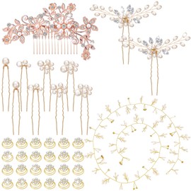 Juexica 48 Pack Wedding Hair Comb Bride Pearl Accessories U-shaped Flower Rhinestone Hair Clips Prom Jewelry for Brides Party Holiday (Gold)