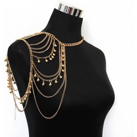 Prosy Gold Multilayer Tassel Ball Shoulder Chain Harness Beach Arm Bra Body Chain for Women and Girls, Alloy
