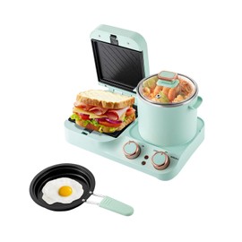 JAYGOVAN 3-In-1 Electric Sandwich Maker with Non-Stick Plates,Indicator Lights and Soup Pot&Frying Pan, Easy to Clean&Store,Versatile Breakfast Maker for Making Noodles, Steamed Buns, Sandwiches