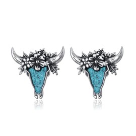 925 Sterling Silver Western Turquoise Cow Skull Stud Earrings for Women
