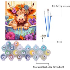 BEAYIOU Cow Paint by Numbers for Adults- Highland Cow Flower Paint by Numbers for Adults Beginners, Acrylic Simple Paint by Number Canvas for Gift Decoration (12x16 in)