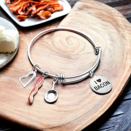 I Love Bacon Charm Bracelet Gift for Foodies Bacon Lovers Stainless Steel Expandable Bangle