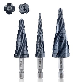 toolant Four Spiral Flute Cobalt Step Drill Bit Set(Pro Max), 1/8"-7/8"(3pcs) Impact Ready Unibit Step 1/4" Hex Shank Step Bits for Metal, Stainless Steel, Aluminum, Wood, Plastic