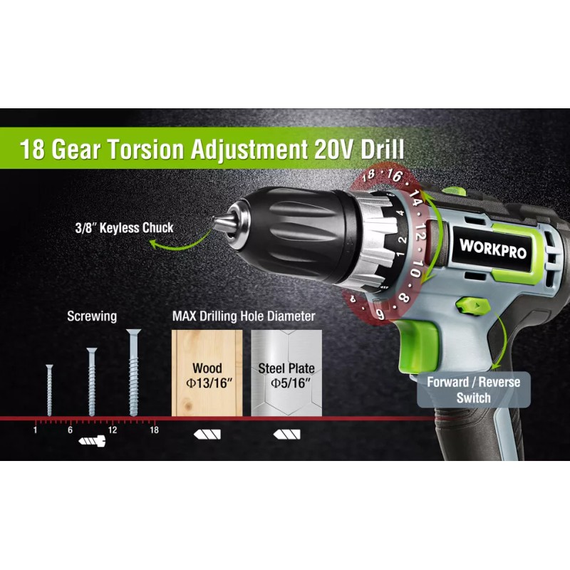 WORKPRO 20V Cordless Drill/Driver Kit 3/8'' W/ 2.0 Ah Li-ion