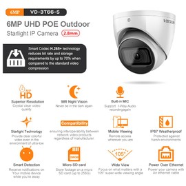 VIKYLIN 6MP IP PoE AI Security Camera with Mic/Audio,6mp @30 fps Outdoor Turret Surveillance Camera with 2.8mm Lens,256GB SD Card Slot, WDR, 3D DNR, IP67,IVS Detection,DMSS/SmartPss Lite Detection