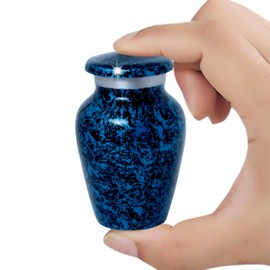 Marble Finish Keepsake Sharing Urn – Mini Metal Cremation Urn for Human or Pet Ashes – Small Memorial Token Urn with Velvet Bag & Funnel – A Perfect Tribute & Gift for Families (Blue)