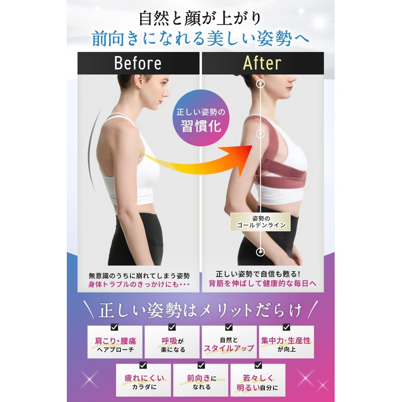 [理学療法士＆整体師監修] 姿勢ベルト 猫背ベルト 姿勢サポーター 背筋・巻き肩・肩甲骨 女性用・男性用兼用 (ブラック, S)