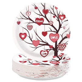50 Pcs Valentine's Day Paper Plates 9" Love Heart Tree Dessert Plates Disposable Red Pink Love Hearts Branches Party Supplies for Valentines Day Wedding Anniversary Engagement Party Decorations