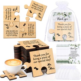 Uiifan 48 Sets Wedding Favors for Guests, Wedding Coaster Gifts, Bridal Shower Party Favors Bamboo Puzzle Piece Coasters with Thank You Cards Organza Bags for Guests Souvenirs Return Gifts